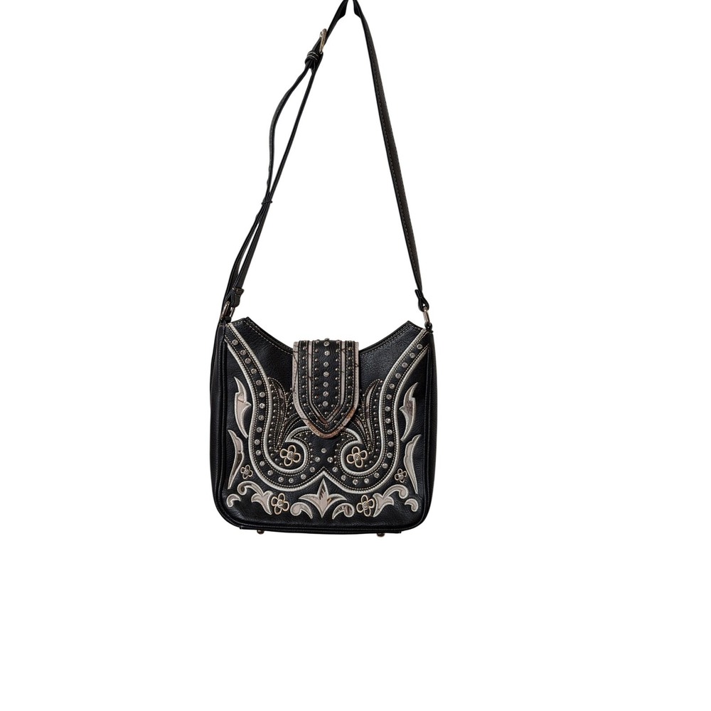 P&G Western Embroidered Studded Crossbody Bag Black Silver Boho Cowgirl Hobo